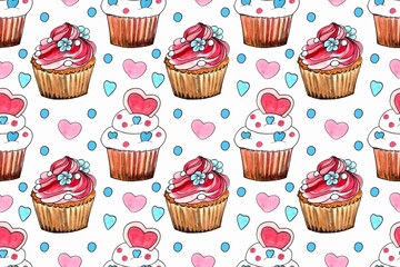 Seamless pattern, sweet cupcake. Watercolor hand painted illustration. Background for invitation, greeting card, template