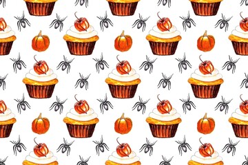 Halloween seamless pattern. Cupcake with pumpkin and spiders. Watercolor hand painting illustration.