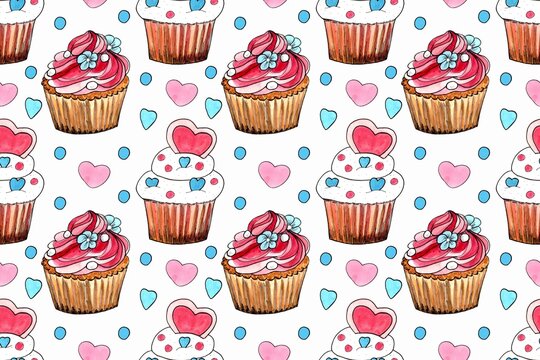 Seamless pattern, sweet cupcake. Watercolor hand painted illustration. Background for invitation, greeting card, template