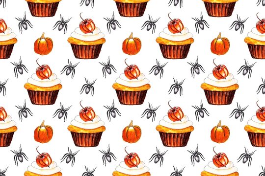 Halloween seamless pattern. Cupcake with pumpkin and spiders. Watercolor hand painting illustration.