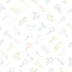 Tools line colorful icon set seamless pattern. Repair work outline color instruments. Vector isolated on white