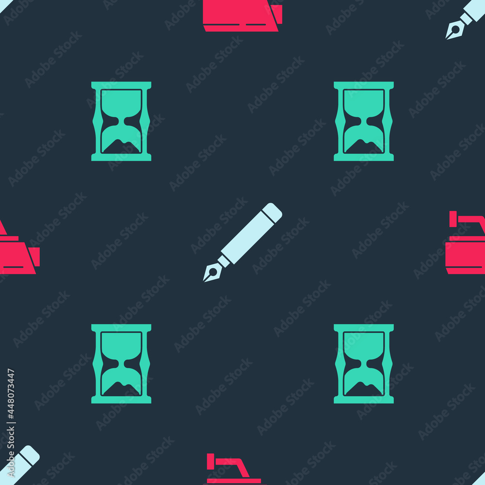 Poster set security camera, fountain pen nib and old hourglass on seamless pattern. vector