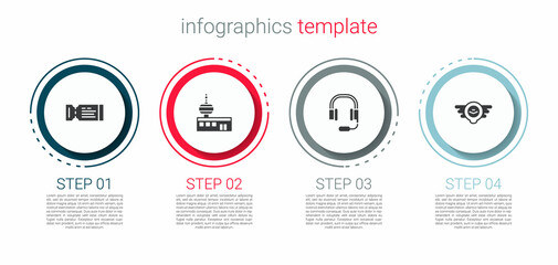 Set Airline ticket, Airport control tower, Headphones with microphone and Aviation emblem. Business infographic template. Vector