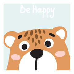 Be Happy cute brown bear cartoon poster,  vertical card for baby room. Scandinavian minimalist style poster for baby concept in nursery room. Flat vector illustration