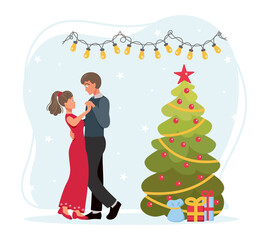 Man in grey suit and woman in red evening dress couple dancing under lights on Christmas Eve near Christmas tree with presents. Flat vector illustration.