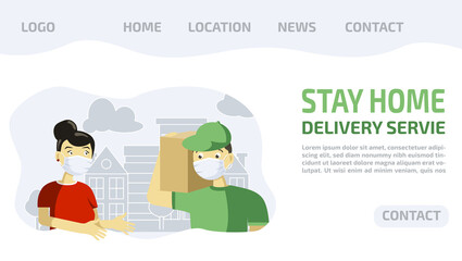 Online shipping delivery service concept, courier in uniform brought package to woman home in city. Template for website, landing page, banner. Vector flat illustration, design.