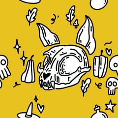 Hand-drawn pattern with cat skull. Halloween pattern with cats.