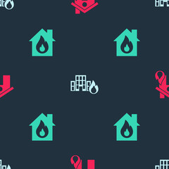Set Fire in burning house, buildings and on seamless pattern. Vector