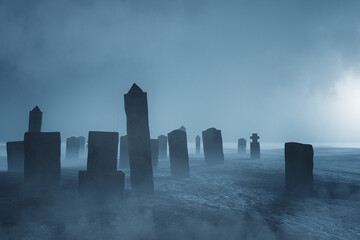 old cemetery in fog, horror landscape