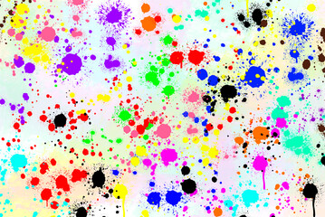カラフルなインクを撒き散らした背景素材。インクの垂れた紙。