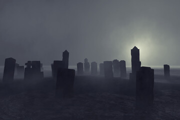 old graveyard at night, dark horror halloween landscape