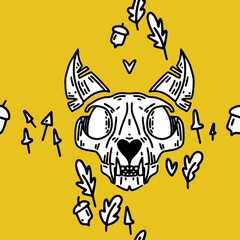 Hand-drawn pattern with cat skull. Halloween pattern with cats.