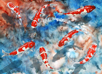 Koi carps on an abstract background of watercolor stains. Painting for the interior.