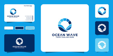 Inspiration logo design circular ocean waves and sunset icon and business card design