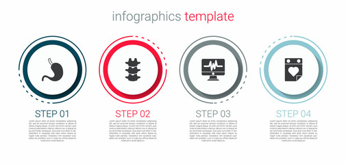 Set Human stomach, spine, Monitor with cardiogram and Doctor appointment. Business infographic template. Vector