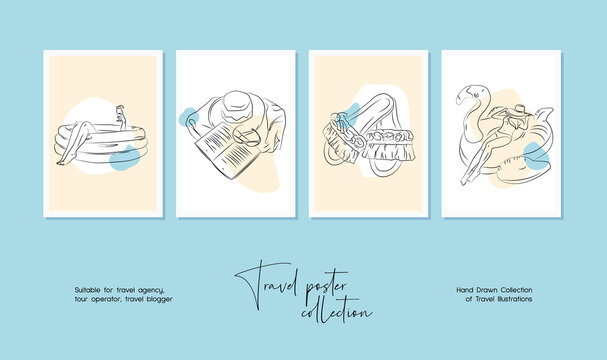 Minimal hand drawn travel vector illustration set for wall art or poster design.