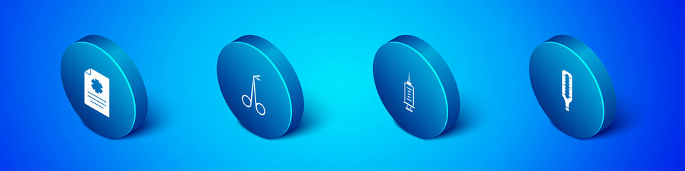 Set Isometric Clinical record, Syringe, Medical thermometer and scissors icon. Vector