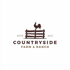 Rooster perched on the fence, logo design vector illustration