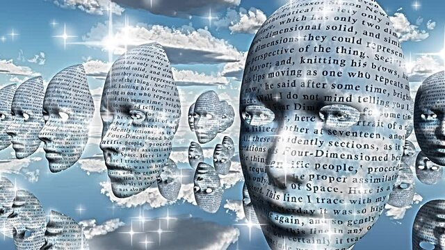 Surreal faces with text hovers in the sky
