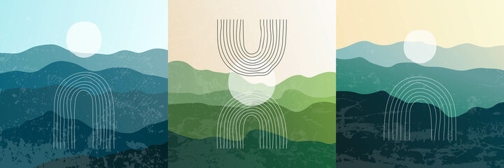 Vector illustration. Minimalist landscape. Abstract posters set. Contemporary backgrounds. Mid century wall decor. Design elements for social media blog post. Rainbow arch. Hand drawn doodle line