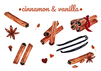 Cinnamon, star anise and vanilla watercolor illustration set. Hand drawn aromatic dry spices. 