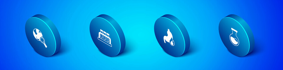 Set Isometric Magnifying glass with globe, Stomach heartburn, Test tube and flask and icon. Vector