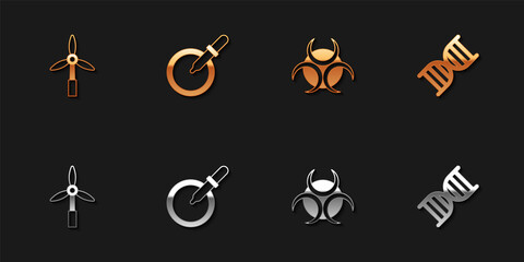 Set Wind turbine, Petri dish with pipette, Biohazard symbol and DNA icon. Vector