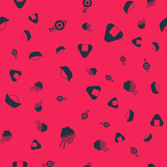 Set Asian noodles in bowl, Chinese paper lantern, Sushi and on seamless pattern. Vector