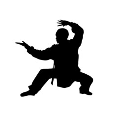 Silhouette of a man showing martial wushu, kung fu exercise. Vector illustration. Wushu icon