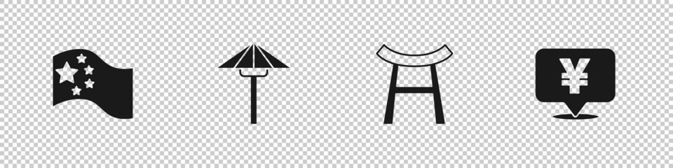 Set China flag, Japanese umbrella from the sun, Gate and Chinese Yuan currency icon. Vector