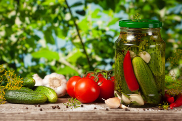 Pickled cucumbers in glass jars and spices and vegetables for preparation of pickles on on background of green trees