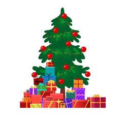 Merry Christmas with colorful gift boxes and Christmas tree. New Year symbol. Winter holiday design. Vector illustration