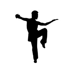 Fototapeta na wymiar Silhouette of man, a guy showing the basic wushu stance, kung fu, martial art Drawing. Vector illustration. Wushu sign symbol