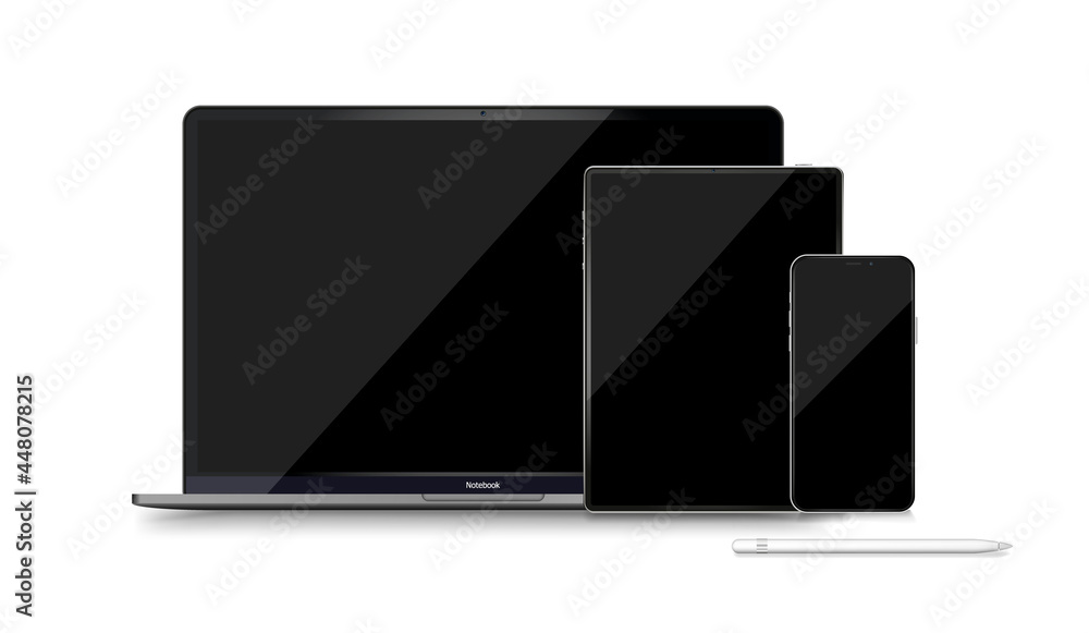 Poster Laptop computer realistic illustration. Desktop mock up computer monitor. Realistic vector mockup on black backdrop. EPS 10
