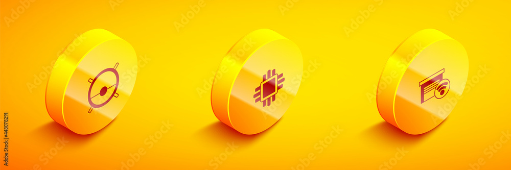 Aufkleber set isometric robot vacuum cleaner, processor with cpu and smart garage icon. vector