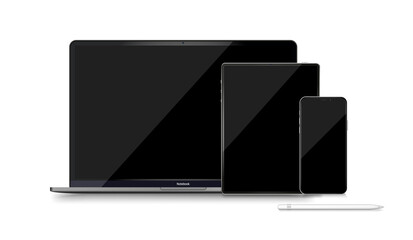Laptop computer realistic illustration. Desktop mock up computer monitor. Realistic vector mockup on black backdrop. EPS 10