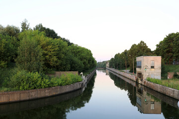 Landscape of lock on Oka river at sunset