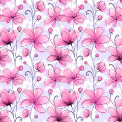 Stylized hand drawn beautiful flowers. Seamless pattern. Floral elegant background.