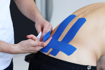 Obraz premium Physical therapist applying blue kinesio tape on male patient's lower back. Kinesiology, physical therapy, rehabilitation concept.