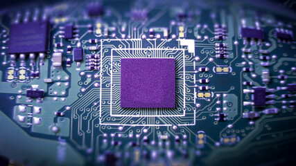 Highly stylized illustration of microprocessor and futuristic circuits with out of focus highlights