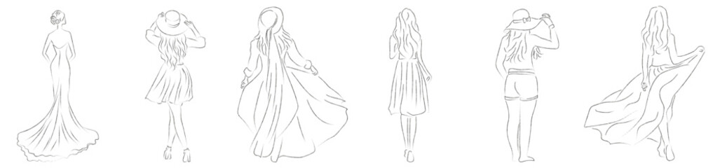 Frauen mit Kleider Woman with Dresses Konturen Zeichnungen Vektor Grafik