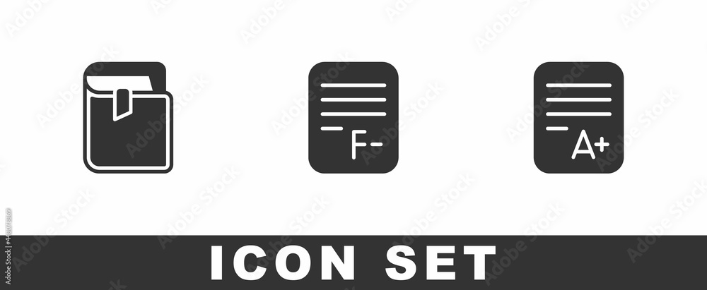 Poster set book, exam paper with incorrect answers and sheet a plus grade icon. vector