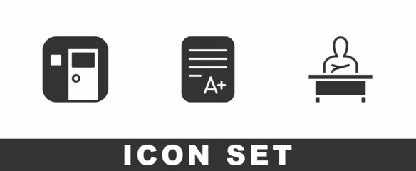 Set School classroom, Exam sheet with A plus grade and Schoolboy sitting at desk icon. Vector