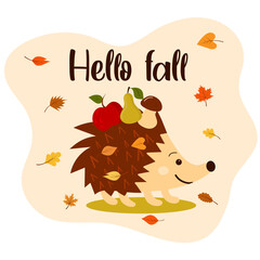 Hello fall with cute hedgehog, autumn leaves, apple, pear, mushroom. Hand drawn vector illustration with lettering. Cute design in flat style for web banner, flyer, poster, print.