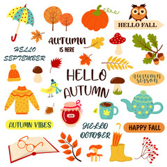 Hello autumn set with autumn phrases and cozy fall season elements. Concept for season change. Perfect for scrapbook, card, poster, invitation, sticker kit. 