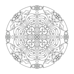 Mandala. Heart and four-leaf clover. Anti-stress coloring page. Art Therapy. Vector illustration black and white.