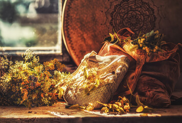 The herbs with shaamanic drum.