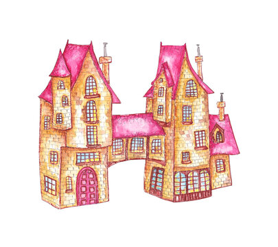 Hand drawn watercolor old house.