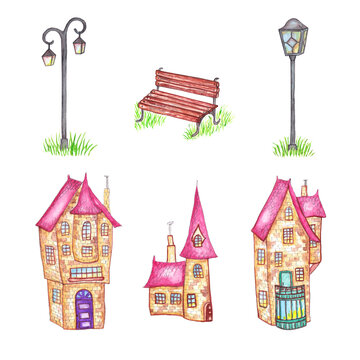 Watercolor old houses and trees.