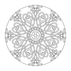 Mandala. Hearts interlaced. Anti-stress coloring page.  Art Therapy. Vector illustration black and white.